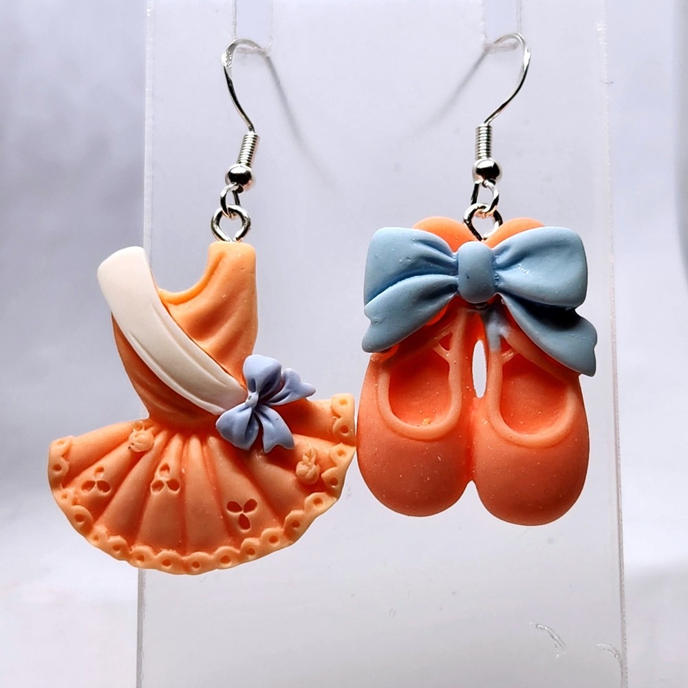 Peach Ballet Tutu and Pointe Shoes Mismatched Drop Earrings Blue Bows